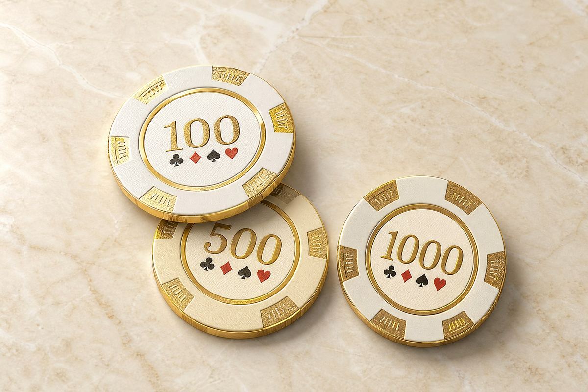 三枚金边扑克筹码错落摆放,面额 100 / 500 / 1000 清晰可辨